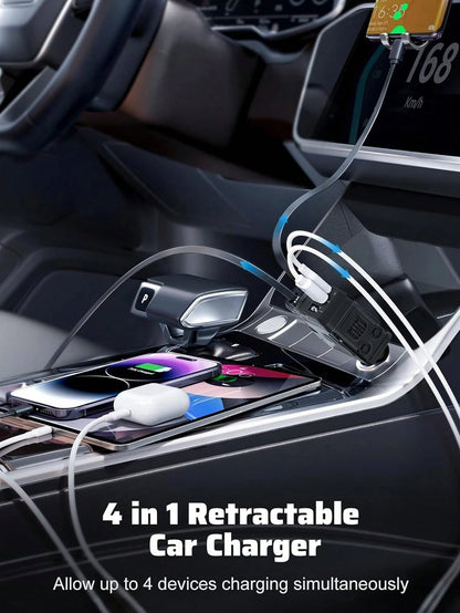Fast Charging Retractable Car Charger, 66W 4-In-1 Car Phone Charger, Dual Retractable Cables, USB & Type-C Charging Adapter, Compatible With IPhone And Android, Essential Car Accessory, Gift For Men A