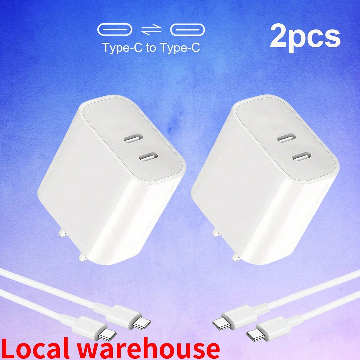 Fast Charging Wall Charger 2-Pack: Dual-Port Type-C Charger + Type-C Cables – Phone Charger For USB-C Devices| Local Warehouse Valentine's Day Gift