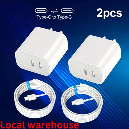 Fast Charging Wall Charger 2-Pack: Dual-Port Type-C Charger + Type-C Cables – Phone Charger For USB-C Devices| Local Warehouse Valentine's Day Gift