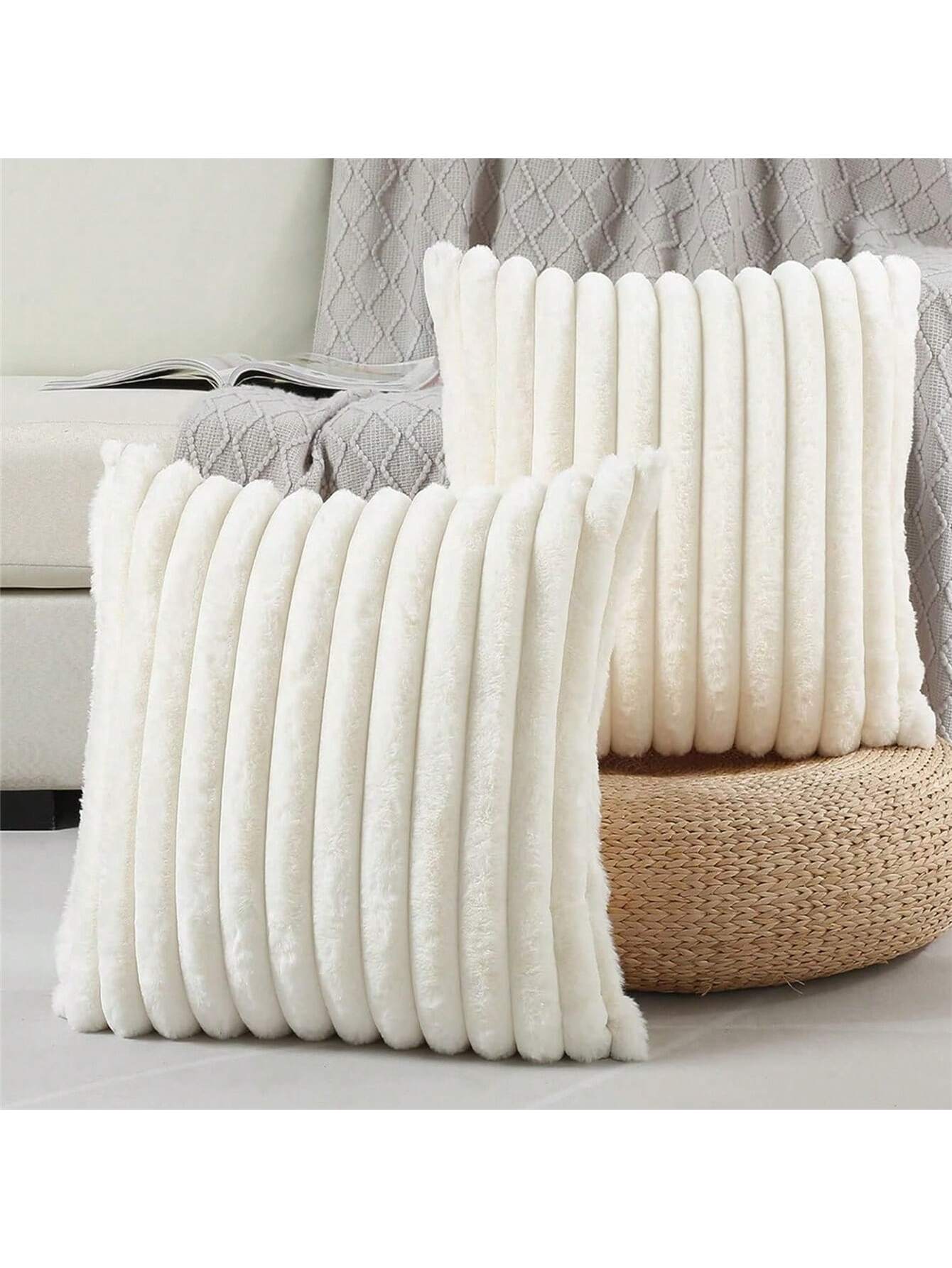 Faux Fur Cozy Soft Striped Decorative Throw Pillow Covers,Velvet Pillowcase Cushion Case For Sofa Couch