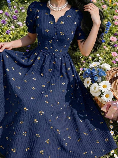 Feyla Elegant Women's Navy Blue Floral Patterned Short Sleeve Summer Dress