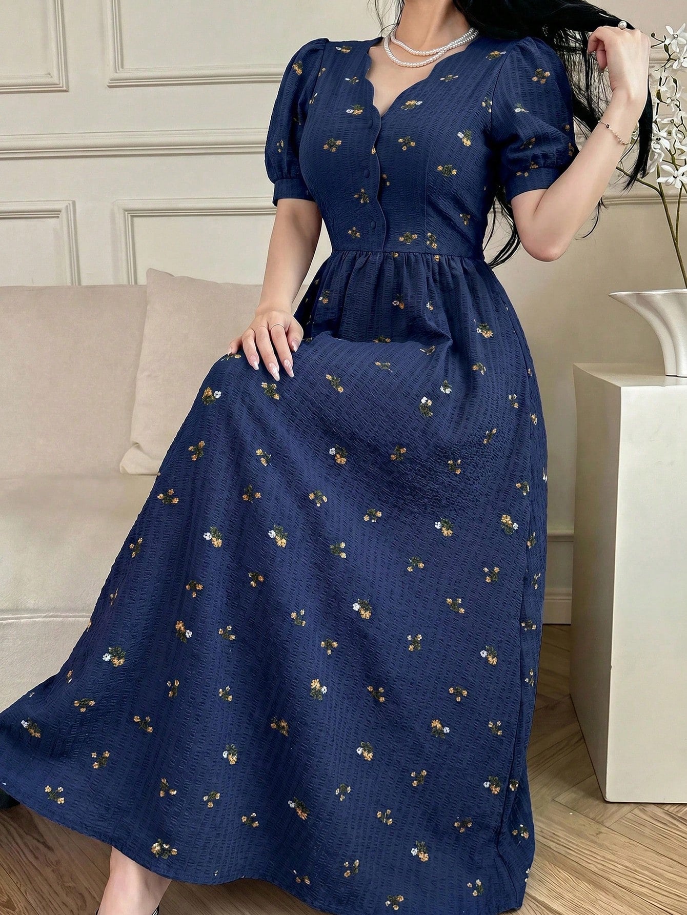 Feyla Elegant Women's Navy Blue Floral Patterned Short Sleeve Summer Dress