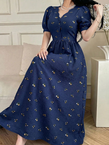 Feyla Elegant Women's Navy Blue Floral Patterned Short Sleeve Summer Dress