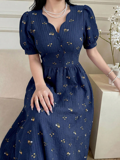 Feyla Elegant Women's Navy Blue Floral Patterned Short Sleeve Summer Dress
