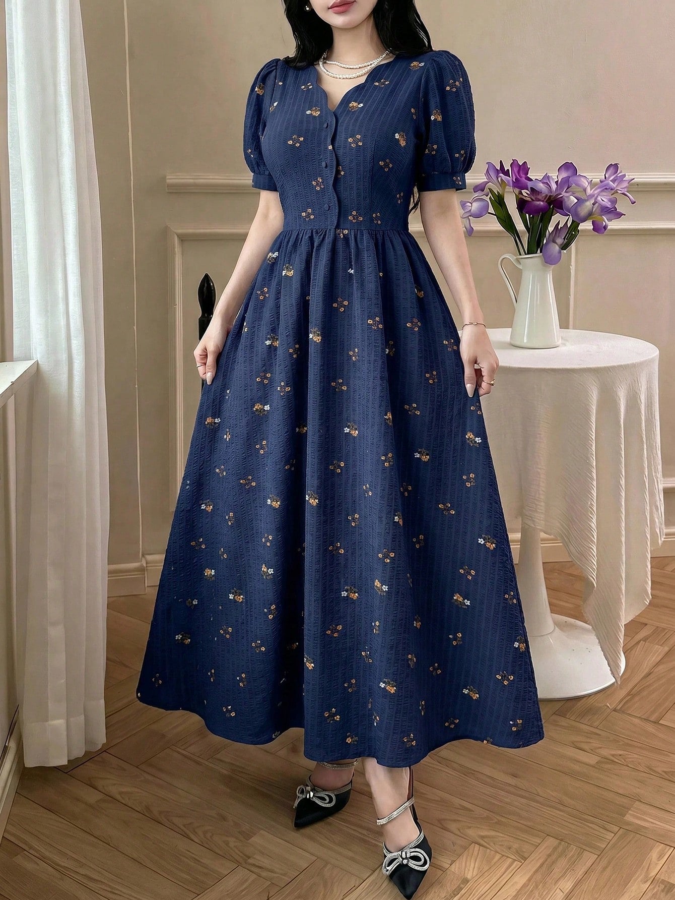 Feyla Elegant Women's Navy Blue Floral Patterned Short Sleeve Summer Dress