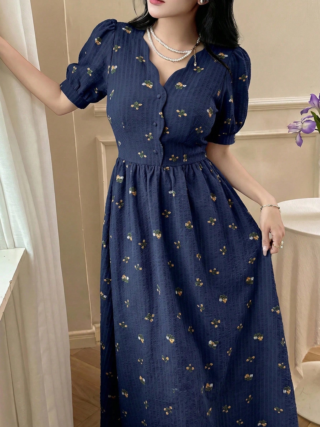 Feyla Elegant Women's Navy Blue Floral Patterned Short Sleeve Summer Dress