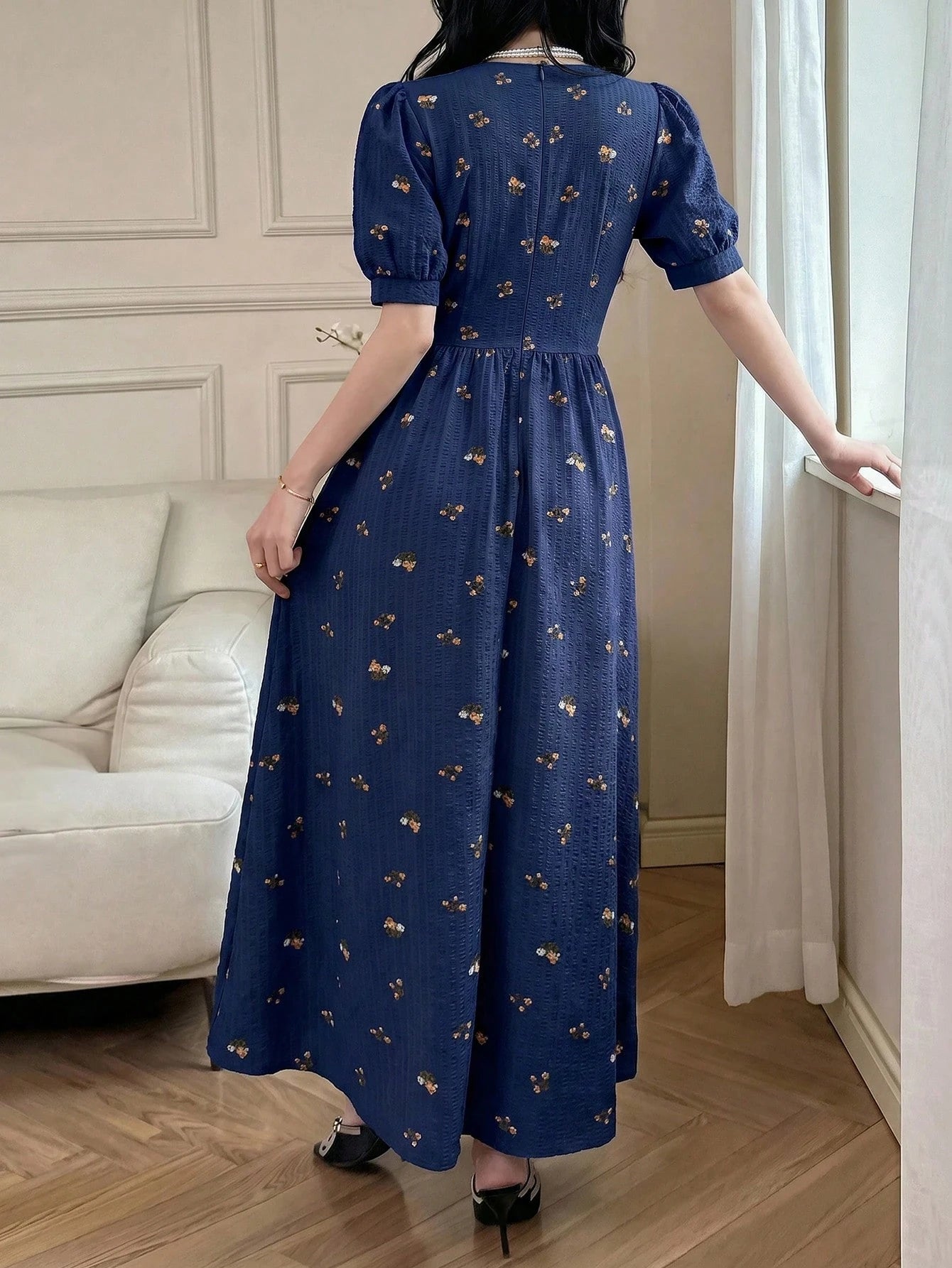Feyla Elegant Women's Navy Blue Floral Patterned Short Sleeve Summer Dress