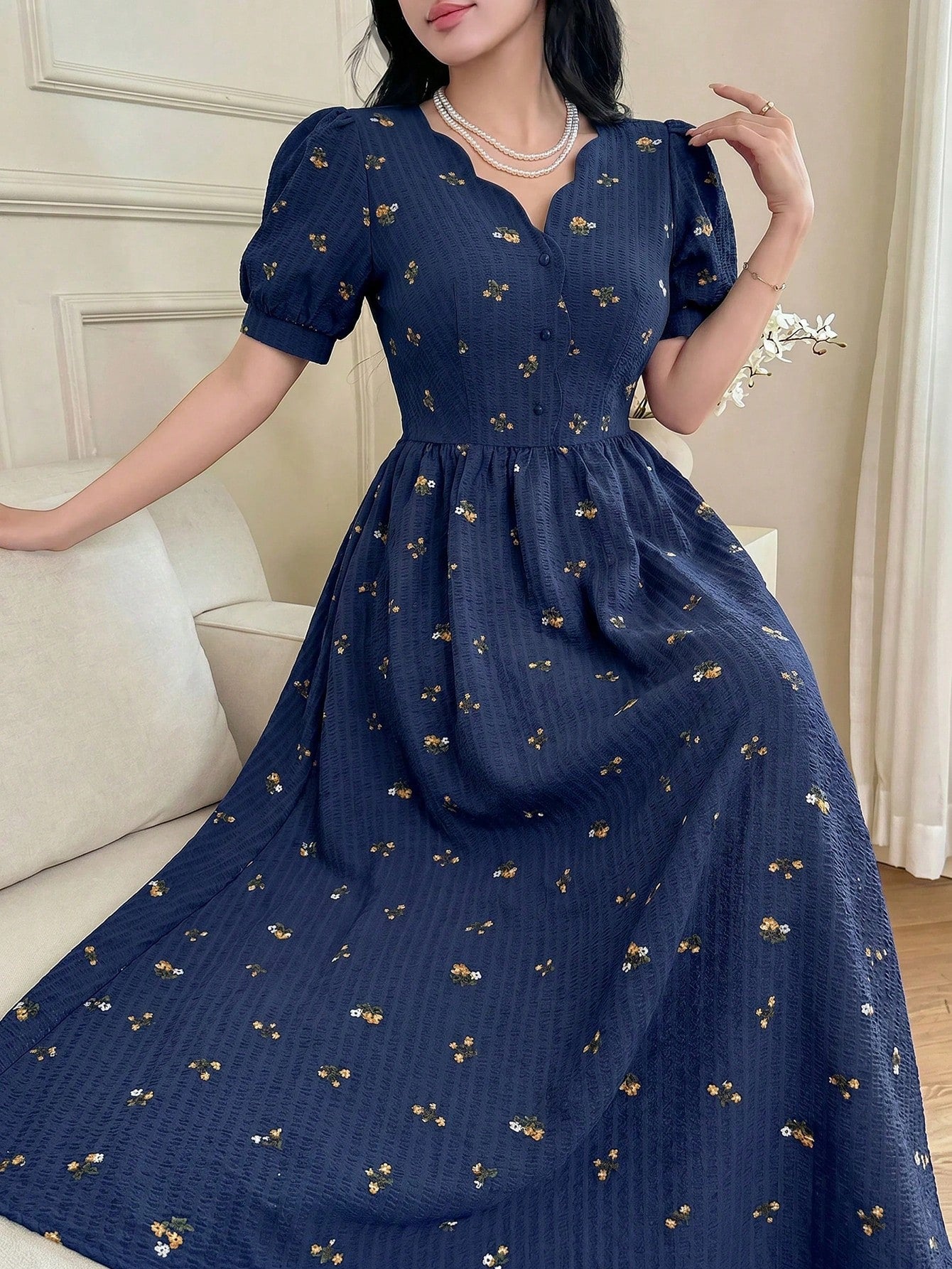 Feyla Elegant Women's Navy Blue Floral Patterned Short Sleeve Summer Dress