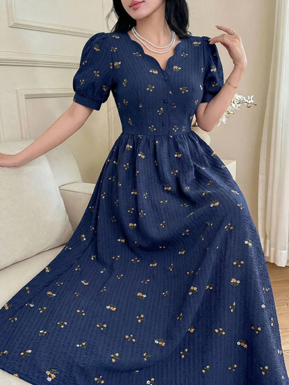 Feyla Elegant Women's Navy Blue Floral Patterned Short Sleeve Summer Dress