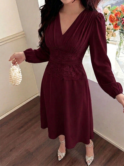 Feyla Women's Pleated Lace Patchwork Elegant Dress