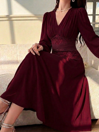 Feyla Women's Pleated Lace Patchwork Elegant Dress