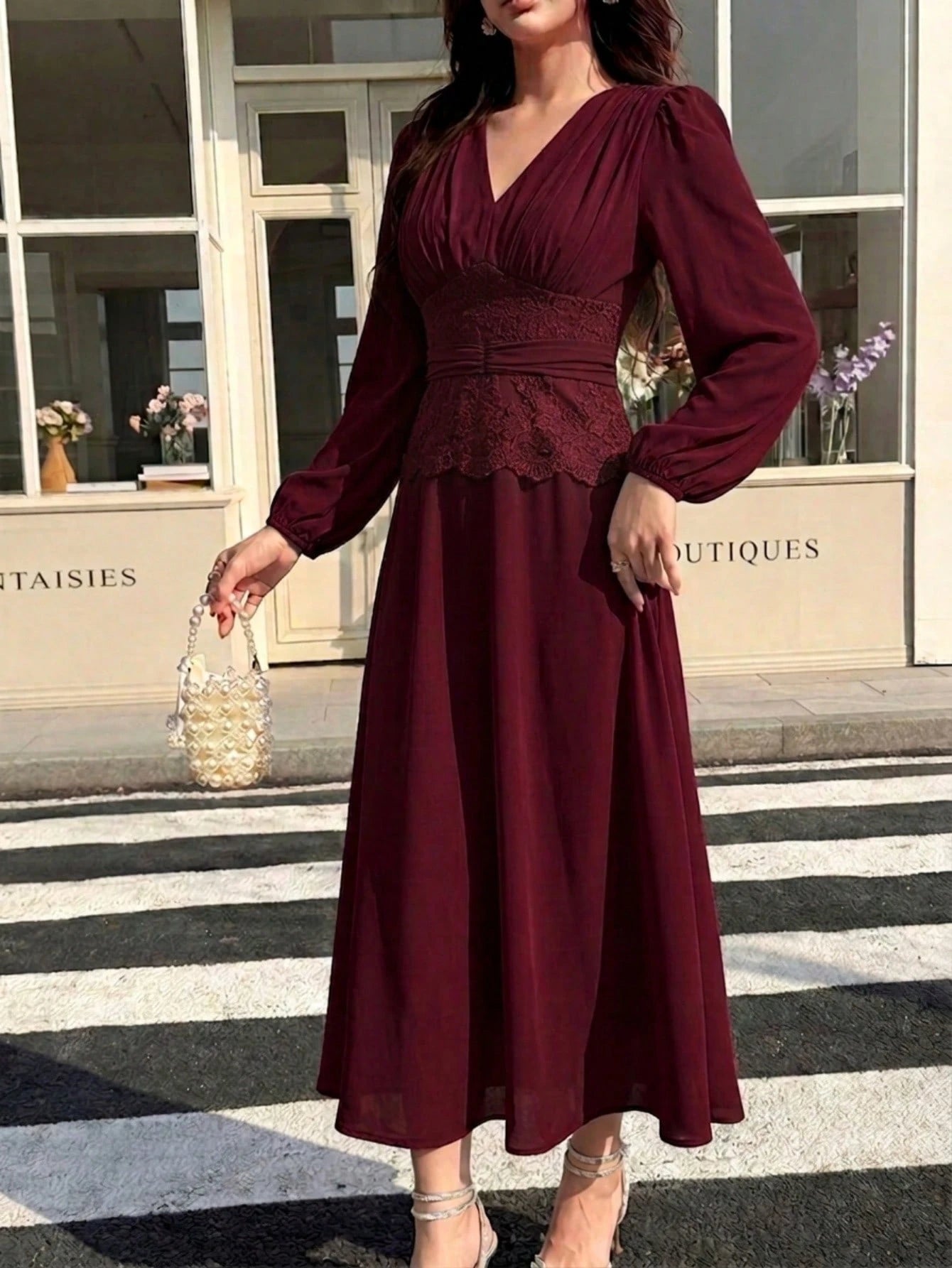 Feyla Women's Pleated Lace Patchwork Elegant Dress