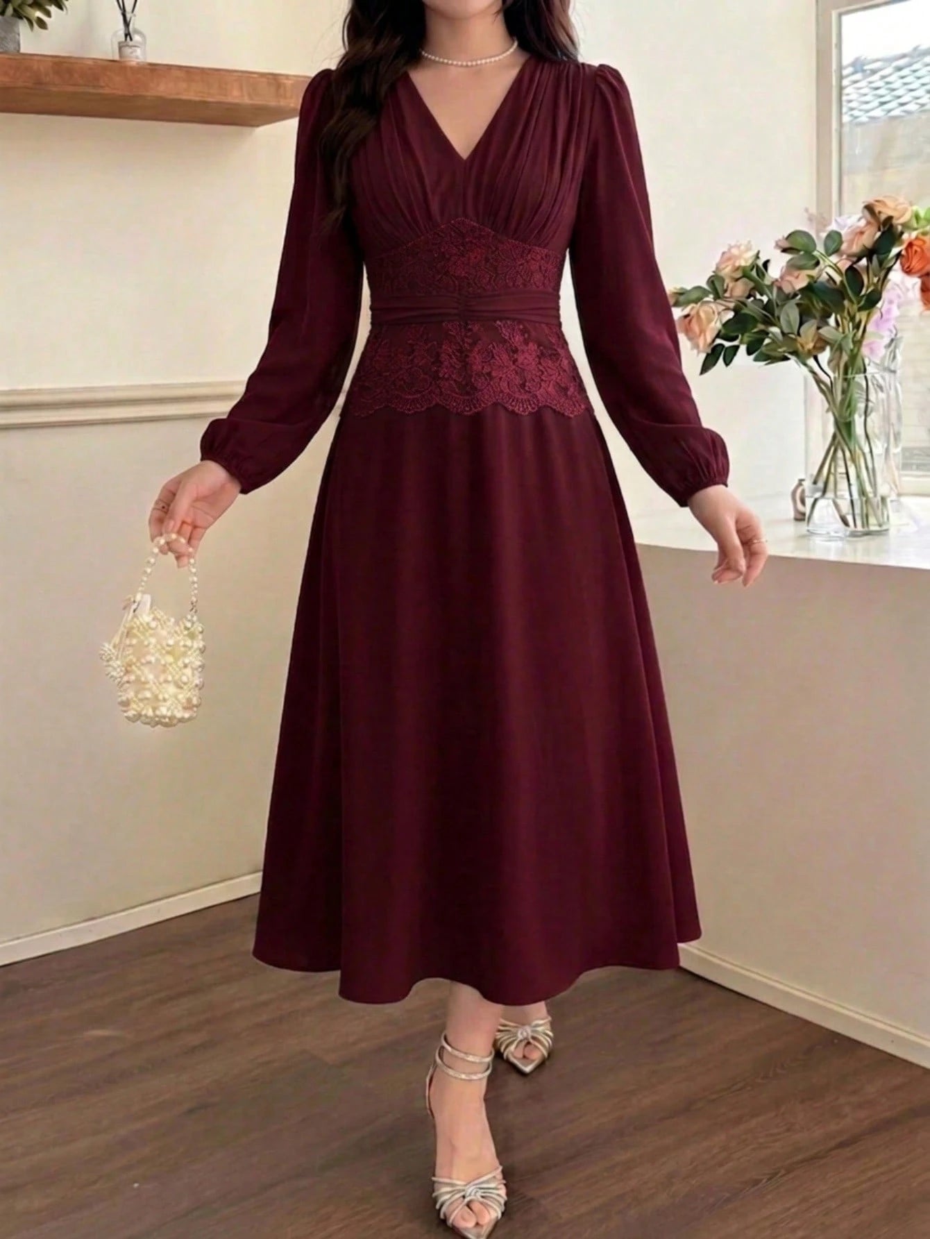Feyla Women's Pleated Lace Patchwork Elegant Dress