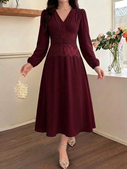 Feyla Women's Pleated Lace Patchwork Elegant Dress