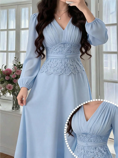 Feyla Women's Pleated Lace Patchwork Elegant Dress