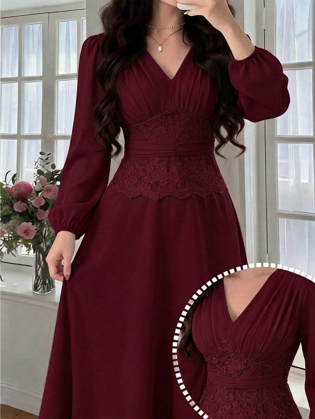 Feyla Women's Pleated Lace Patchwork Elegant Dress