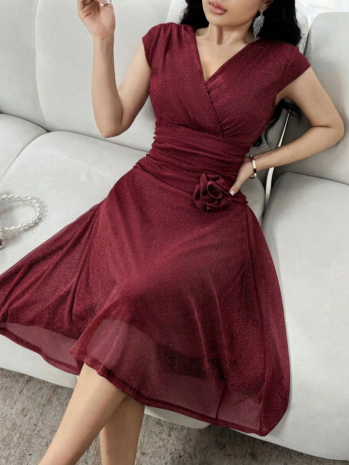 Feyla Women's Solid Color V-Neck Fitted Elegant Midi Dress Dinner Burgundy Autumn
