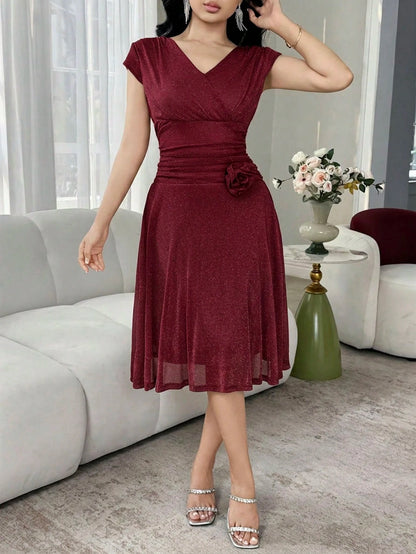 Feyla Women's Solid Color V-Neck Fitted Elegant Midi Dress Dinner Burgundy Autumn