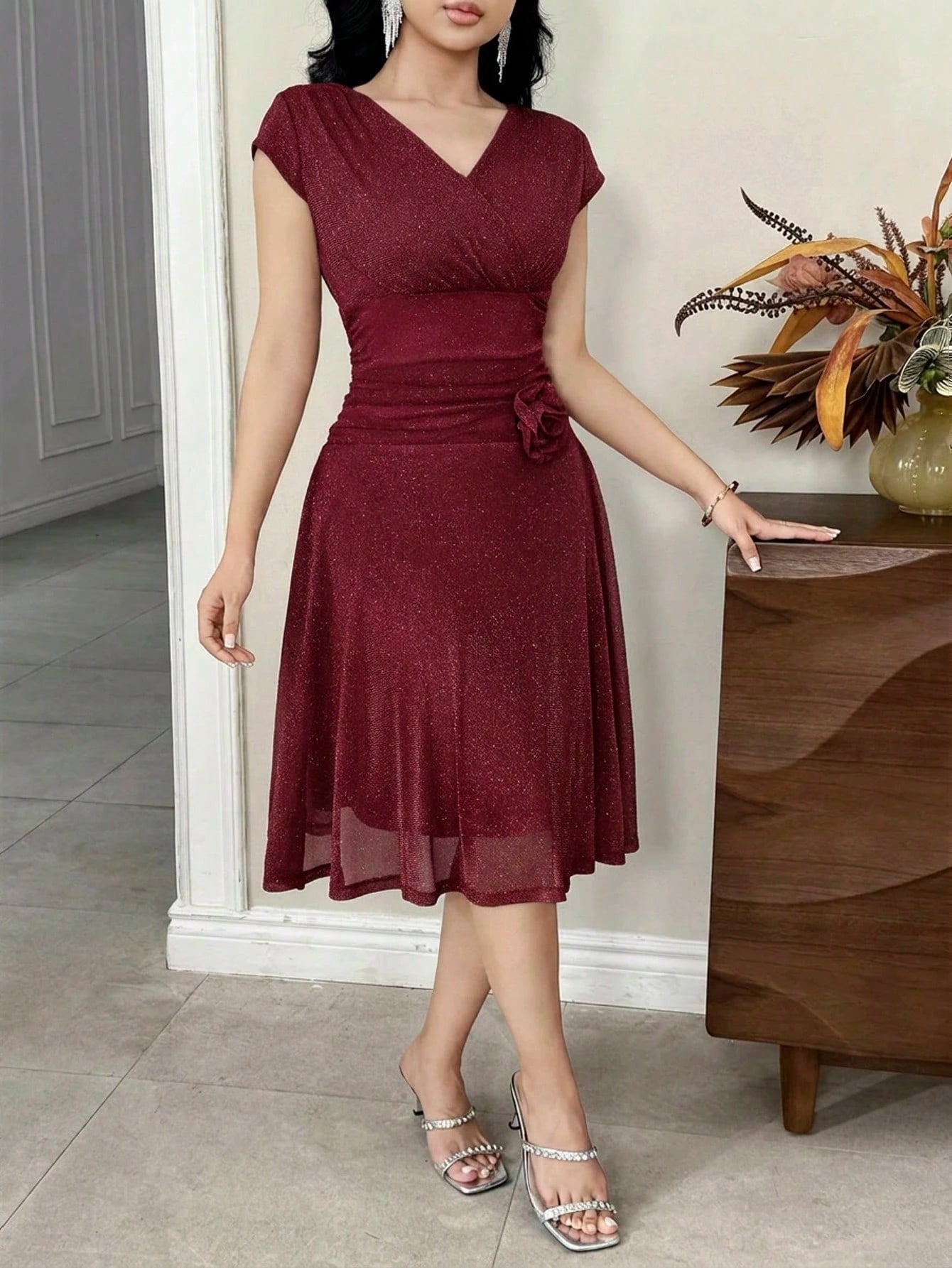Feyla Women's Solid Color V-Neck Fitted Elegant Midi Dress Dinner Burgundy Autumn