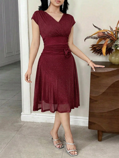 Feyla Women's Solid Color V-Neck Fitted Elegant Midi Dress Dinner Burgundy Autumn