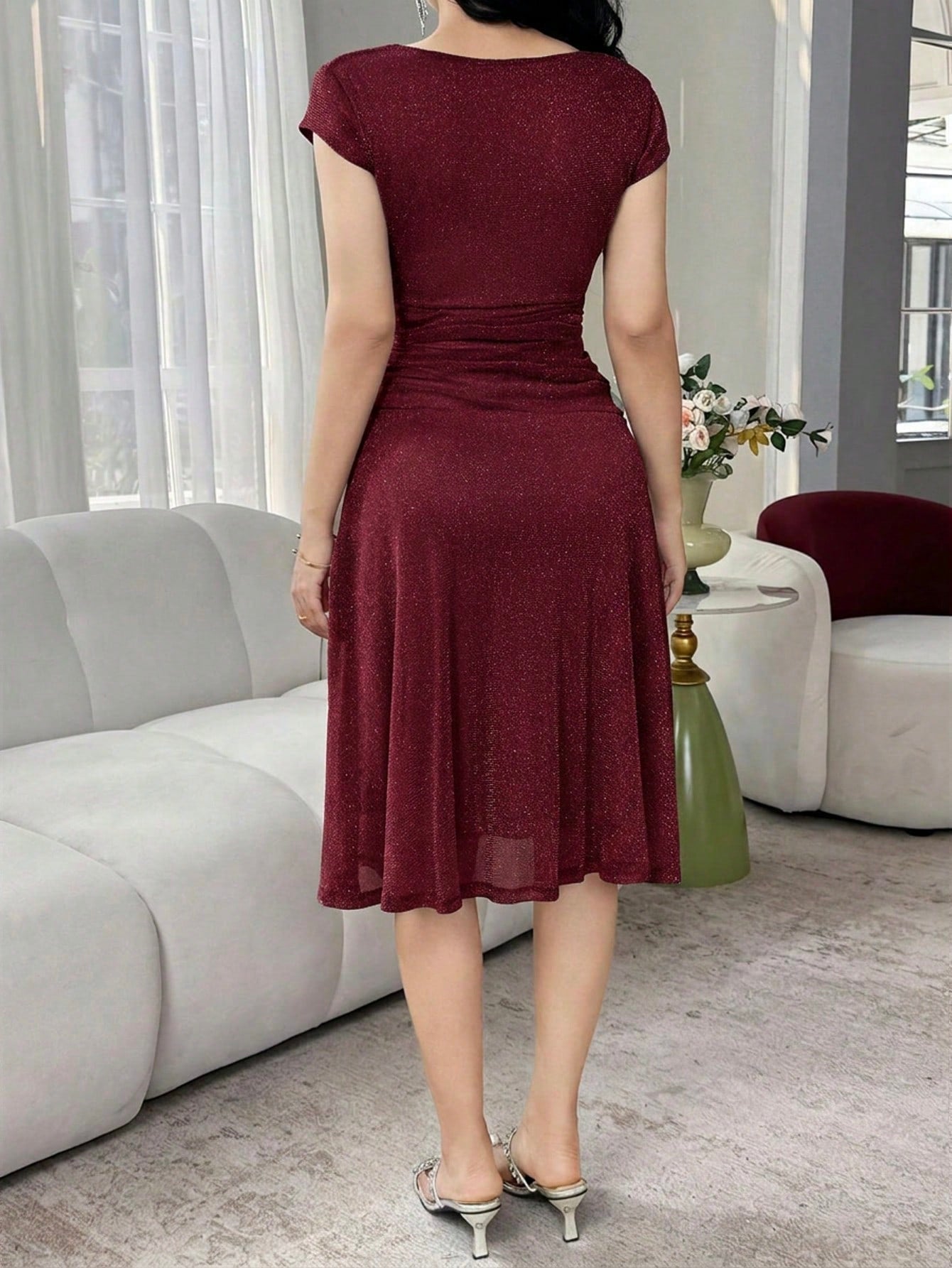 Feyla Women's Solid Color V-Neck Fitted Elegant Midi Dress Dinner Burgundy Autumn