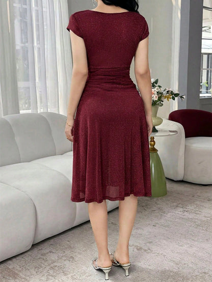 Feyla Women's Solid Color V-Neck Fitted Elegant Midi Dress Dinner Burgundy Autumn