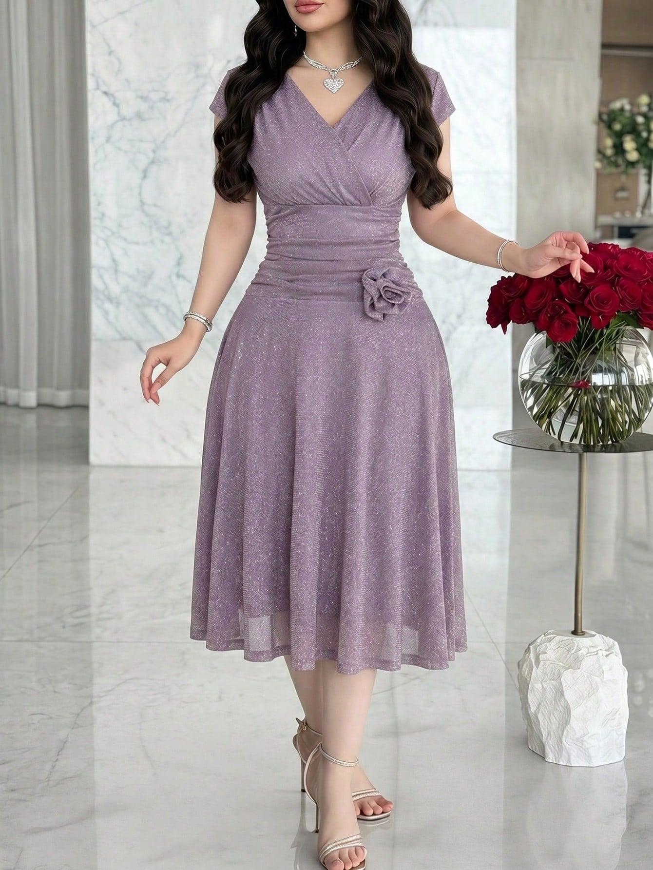 Feyla Women's Solid Color V-Neck Fitted Elegant Midi Dress Dinner Burgundy Autumn