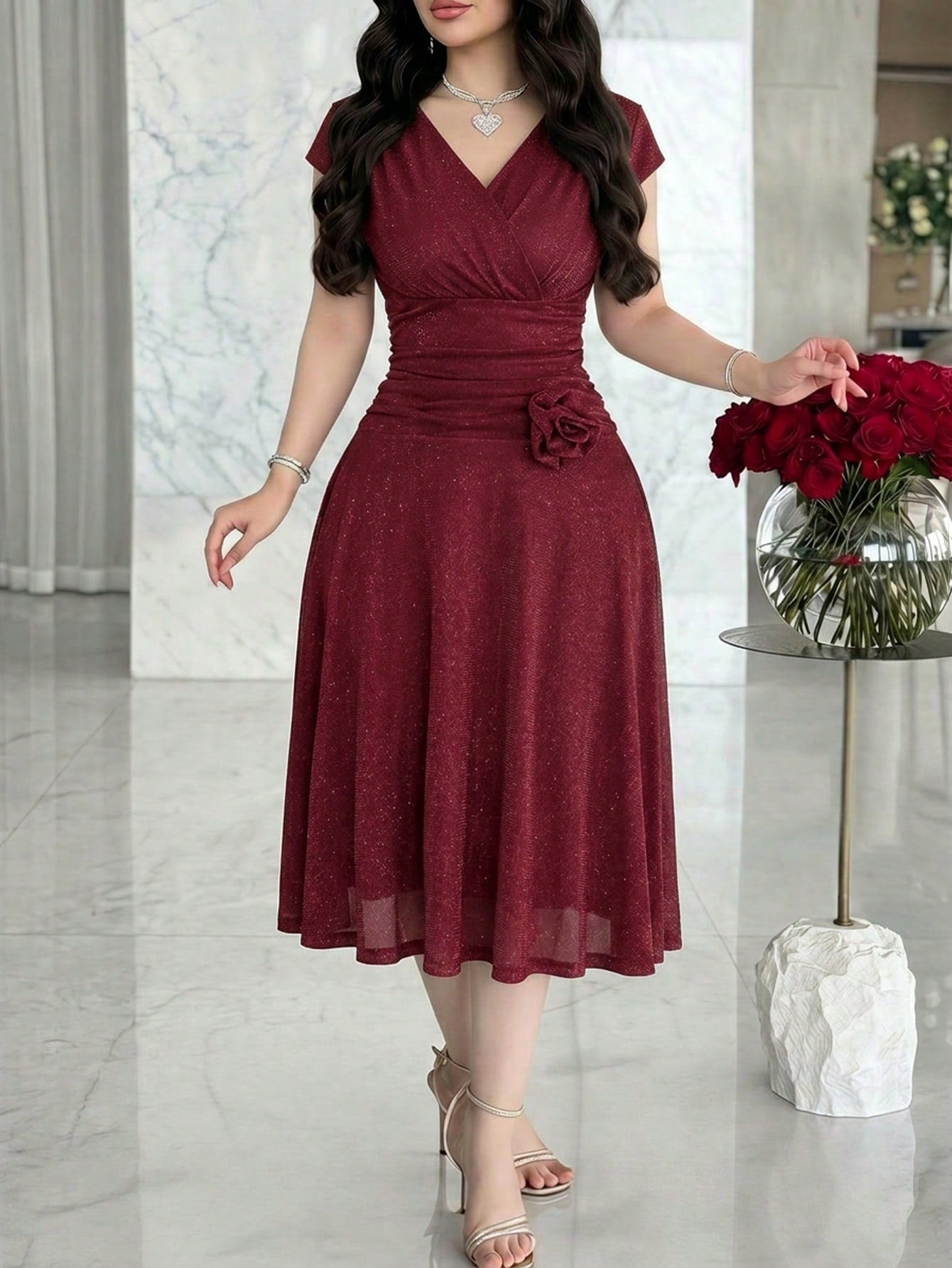 Feyla Women's Solid Color V-Neck Fitted Elegant Midi Dress Dinner Burgundy Autumn