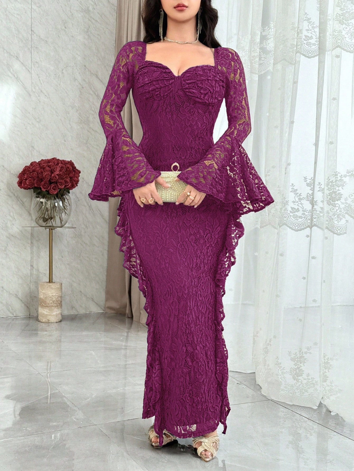 Feyla Women's Sweetheart Neck Flare Sleeve Lace Patchwork Ruffle Hem Fitted Elegant Dress Purple Women Evening Long Gala