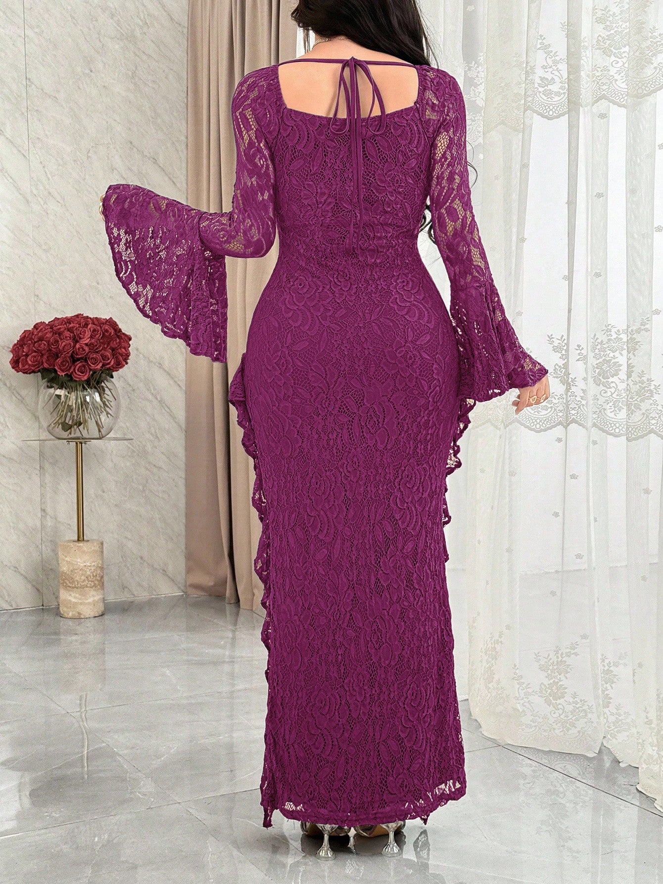 Feyla Women's Sweetheart Neck Flare Sleeve Lace Patchwork Ruffle Hem Fitted Elegant Dress Purple Women Evening Long Gala