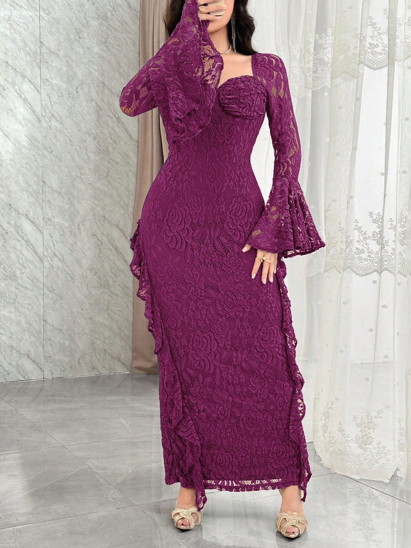 Feyla Women's Sweetheart Neck Flare Sleeve Lace Patchwork Ruffle Hem Fitted Elegant Dress Purple Women Evening Long Gala