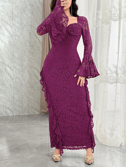 Feyla Women's Sweetheart Neck Flare Sleeve Lace Patchwork Ruffle Hem Fitted Elegant Dress Purple Women Evening Long Gala