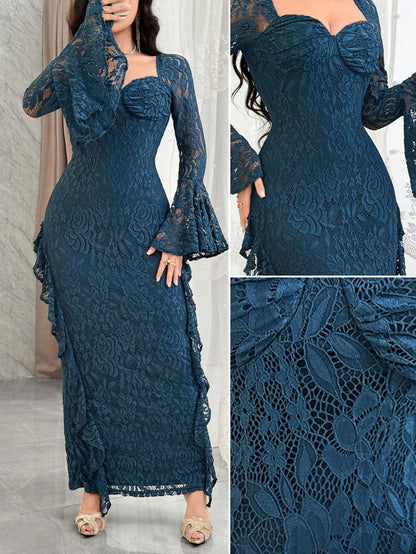 Feyla Women's Sweetheart Neck Flare Sleeve Lace Patchwork Ruffle Hem Fitted Elegant Dress Purple Women Evening Long Gala