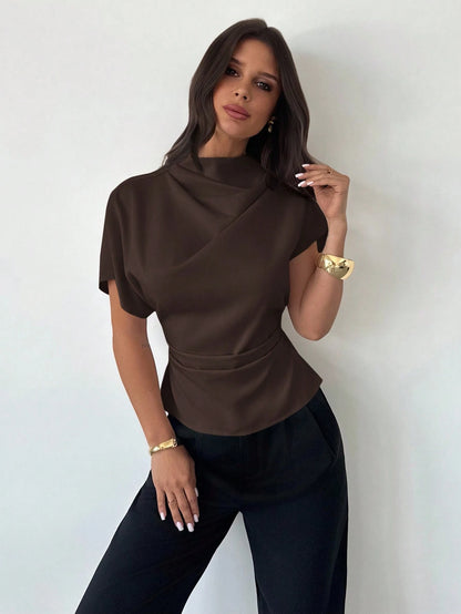 Firerie Crinkle Collar Asymmetrical Sleeve Side Ruched Cinched Waist Commuter Office Dark Brown Bamboo Linen Fabric Women Shirt, Summer Elegant