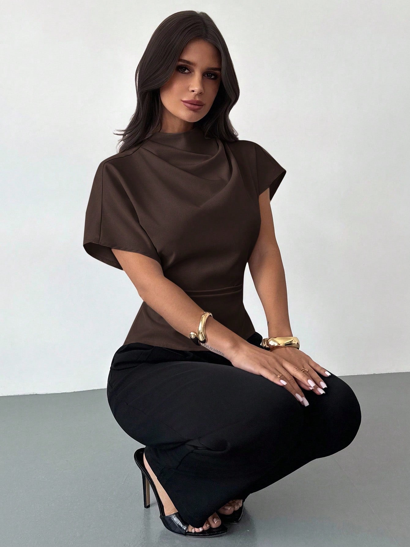 Firerie Crinkle Collar Asymmetrical Sleeve Side Ruched Cinched Waist Commuter Office Dark Brown Bamboo Linen Fabric Women Shirt, Summer Elegant