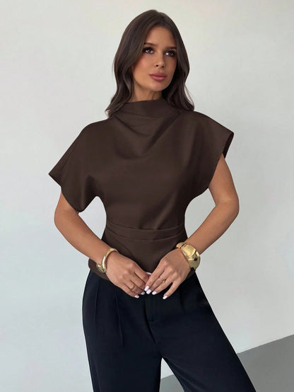 Firerie Crinkle Collar Asymmetrical Sleeve Side Ruched Cinched Waist Commuter Office Dark Brown Bamboo Linen Fabric Women Shirt, Summer Elegant