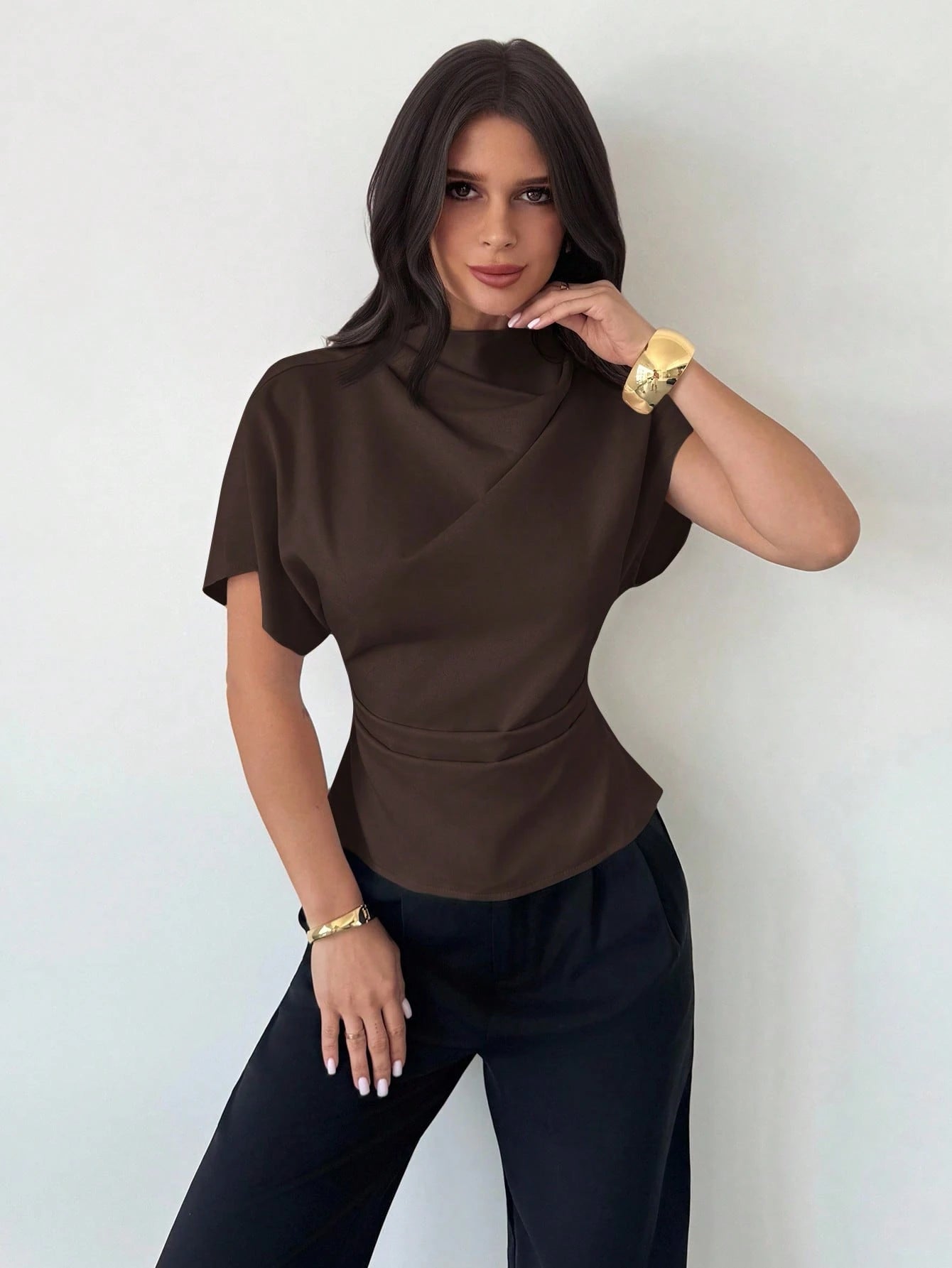 Firerie Crinkle Collar Asymmetrical Sleeve Side Ruched Cinched Waist Commuter Office Dark Brown Bamboo Linen Fabric Women Shirt, Summer Elegant