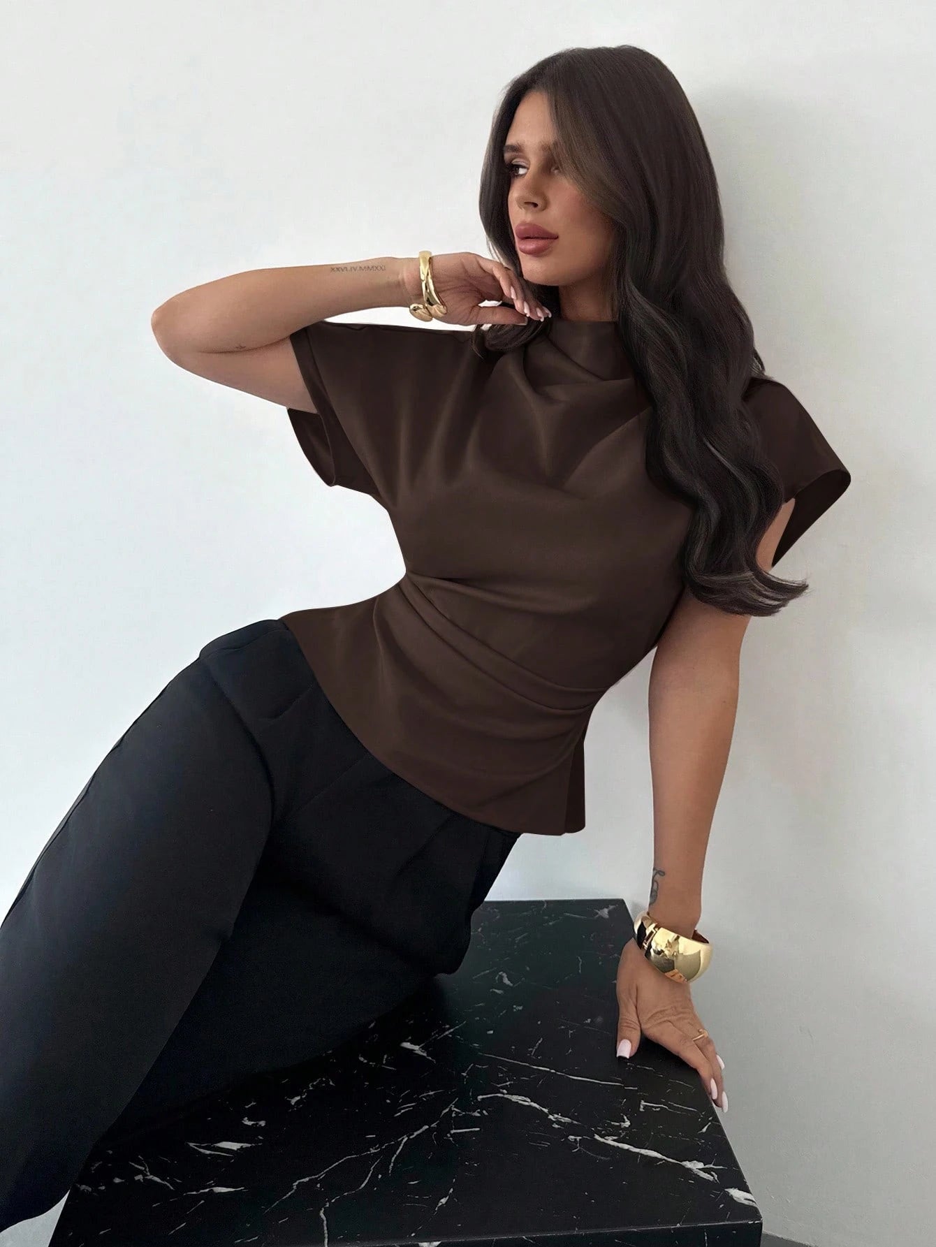 Firerie Crinkle Collar Asymmetrical Sleeve Side Ruched Cinched Waist Commuter Office Dark Brown Bamboo Linen Fabric Women Shirt, Summer Elegant