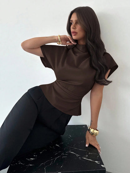 Firerie Crinkle Collar Asymmetrical Sleeve Side Ruched Cinched Waist Commuter Office Dark Brown Bamboo Linen Fabric Women Shirt, Summer Elegant