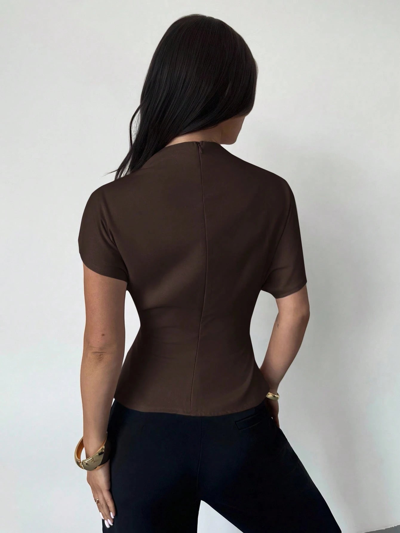 Firerie Crinkle Collar Asymmetrical Sleeve Side Ruched Cinched Waist Commuter Office Dark Brown Bamboo Linen Fabric Women Shirt, Summer Elegant