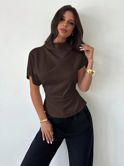 Firerie Crinkle Collar Asymmetrical Sleeve Side Ruched Cinched Waist Commuter Office Dark Brown Bamboo Linen Fabric Women Shirt, Summer Elegant