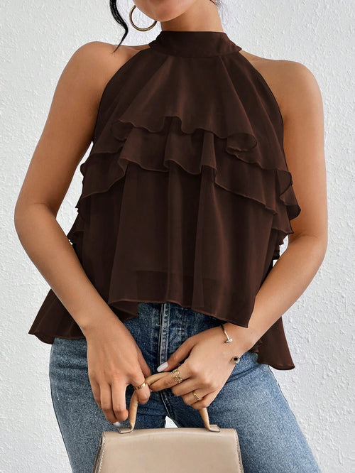 Firerie Elegant Dark Brown Loose Neck Ruffle Asymmetrical Chiffon Blouse Ruffled Top For Summer Banquet