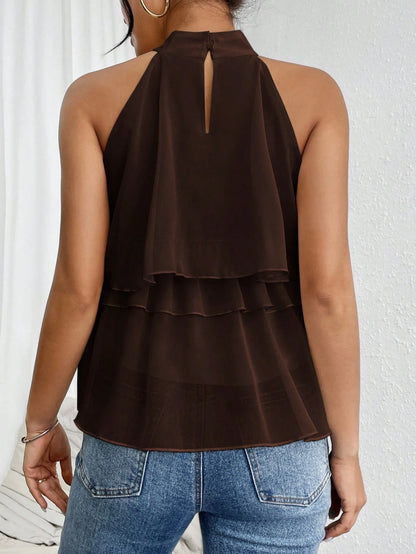 Firerie Elegant Dark Brown Loose Neck Ruffle Asymmetrical Chiffon Blouse Ruffled Top For Summer Banquet