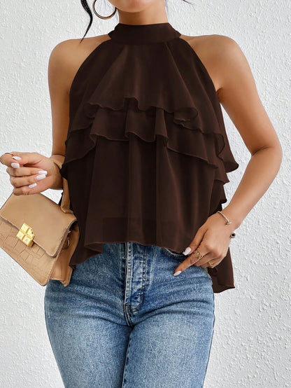 Firerie Elegant Dark Brown Loose Neck Ruffle Asymmetrical Chiffon Blouse Ruffled Top For Summer Banquet