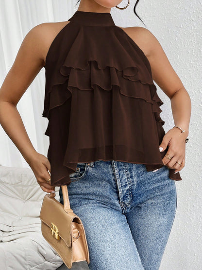 Firerie Elegant Dark Brown Loose Neck Ruffle Asymmetrical Chiffon Blouse Ruffled Top For Summer Banquet