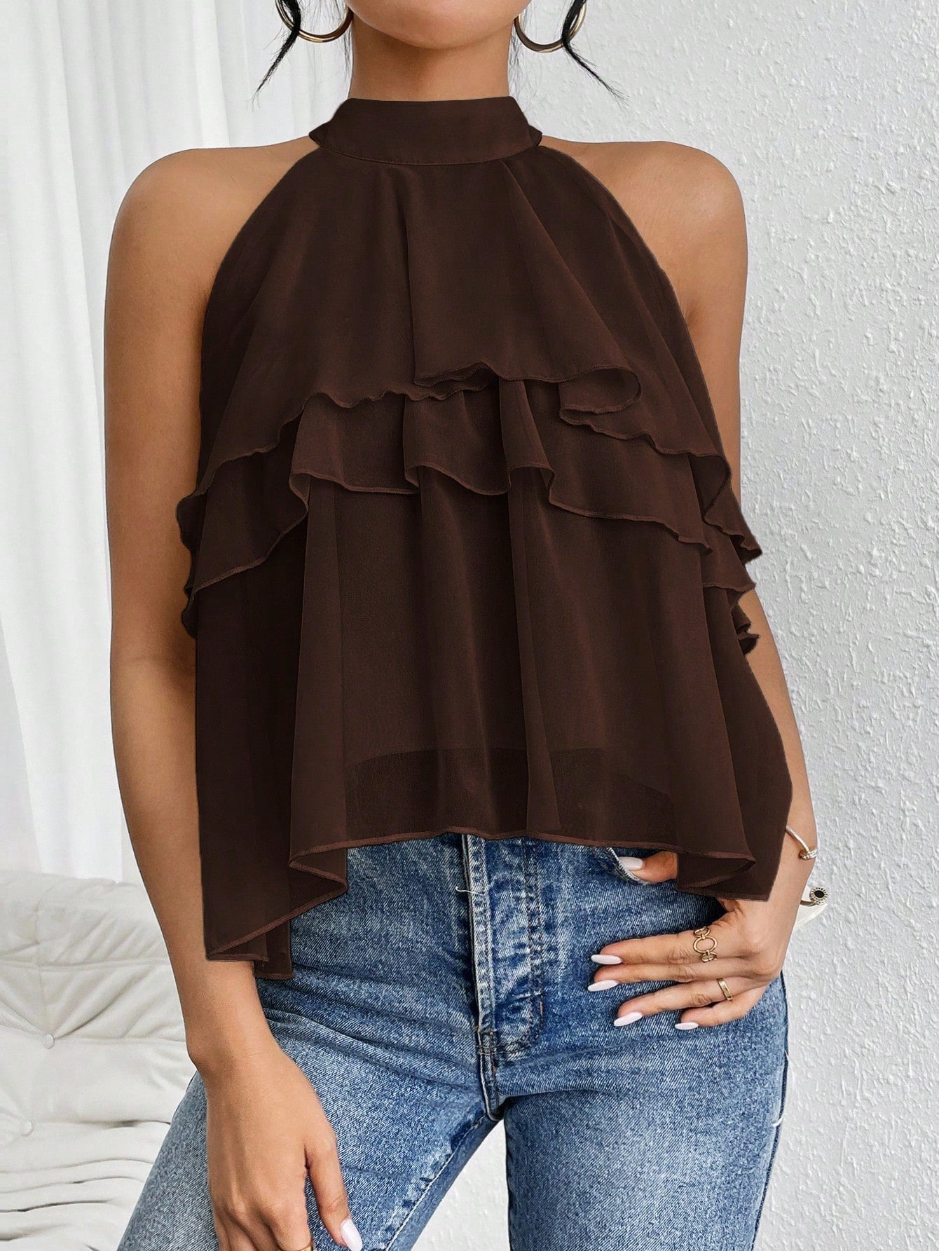 Firerie Elegant Dark Brown Loose Neck Ruffle Asymmetrical Chiffon Blouse Ruffled Top For Summer Banquet