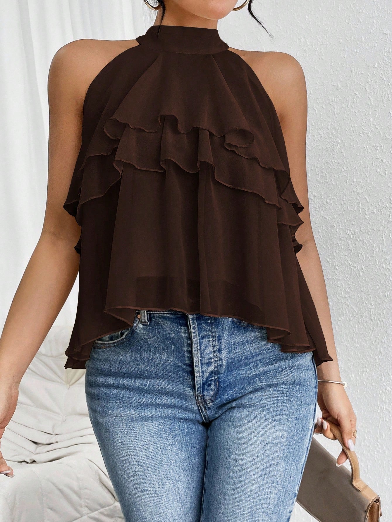 Firerie Elegant Dark Brown Loose Neck Ruffle Asymmetrical Chiffon Blouse Ruffled Top For Summer Banquet