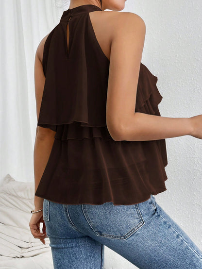 Firerie Elegant Dark Brown Loose Neck Ruffle Asymmetrical Chiffon Blouse Ruffled Top For Summer Banquet