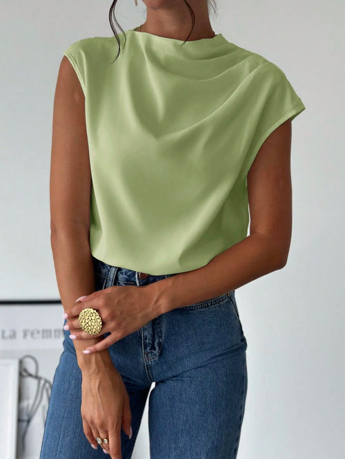 Firerie Women's Elegant Office Sage Green Summer Blouse,Minimalist Stand Collar Asymmetric Shoulder Pleated Fitted Top,Business Casual Vacation Outfits