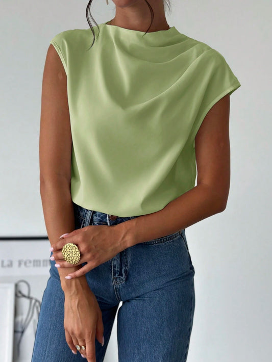 Firerie Women's Elegant Office Sage Green Summer Blouse,Minimalist Stand Collar Asymmetric Shoulder Pleated Fitted Top,Business Casual Vacation Outfits